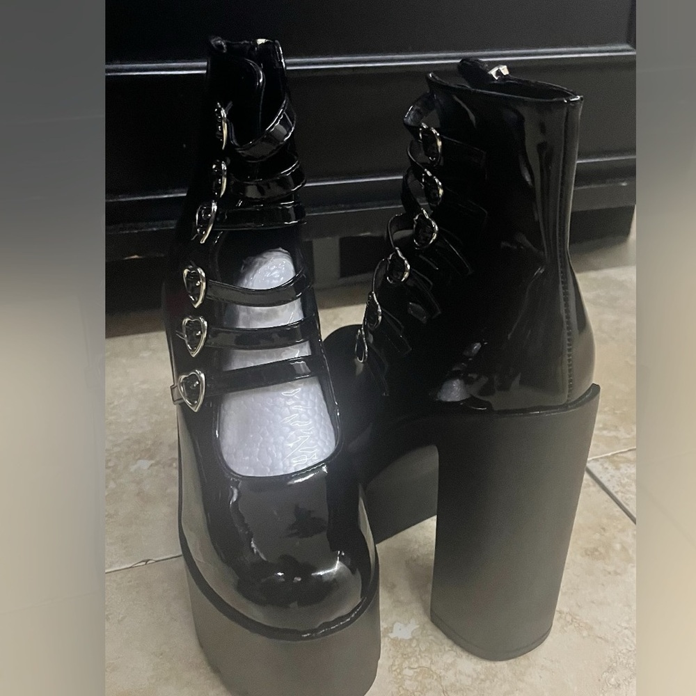 Black Platform Ankle Boots with Heart Buckles - Picture 5 of 7